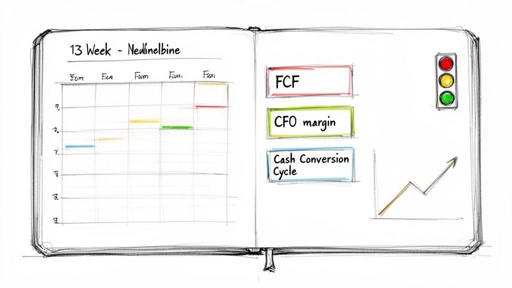 Hand-drawn notebook displaying financial metrics FCF, CFO margin, Cash Conversion Cycle, and performance charts.