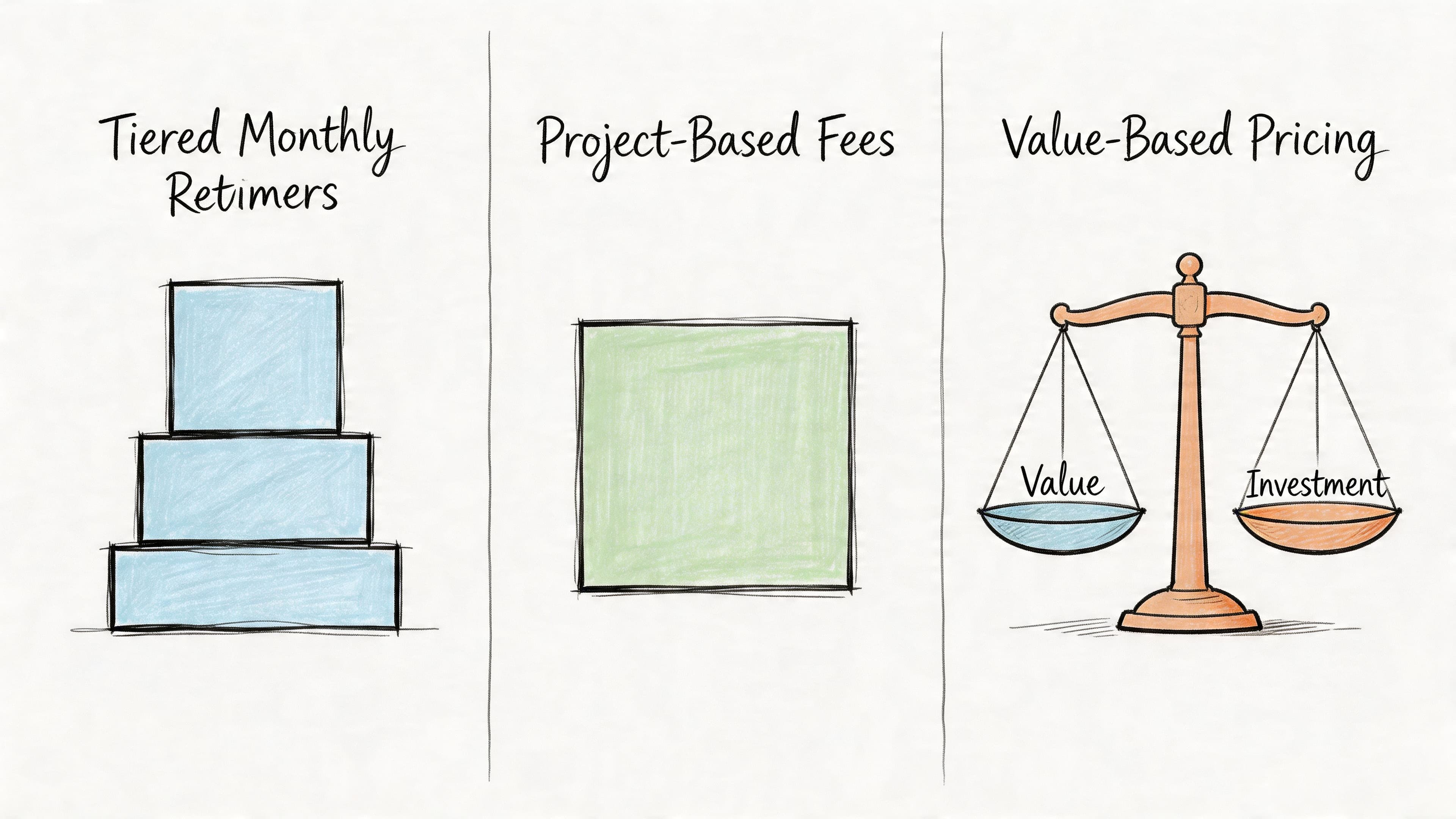 A diagram comparing three pricing models: Tiered Monthly Retainers, Project-Based Fees, and Value-Based Pricing.