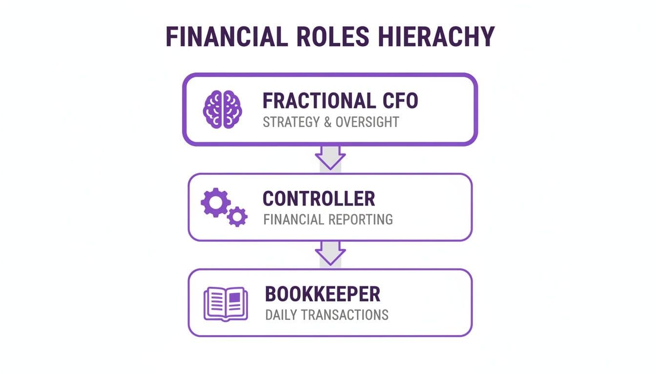A financial roles hierarchy chart: Fractional CFO for strategy, Controller for reporting, and Bookkeeper for daily transactions.