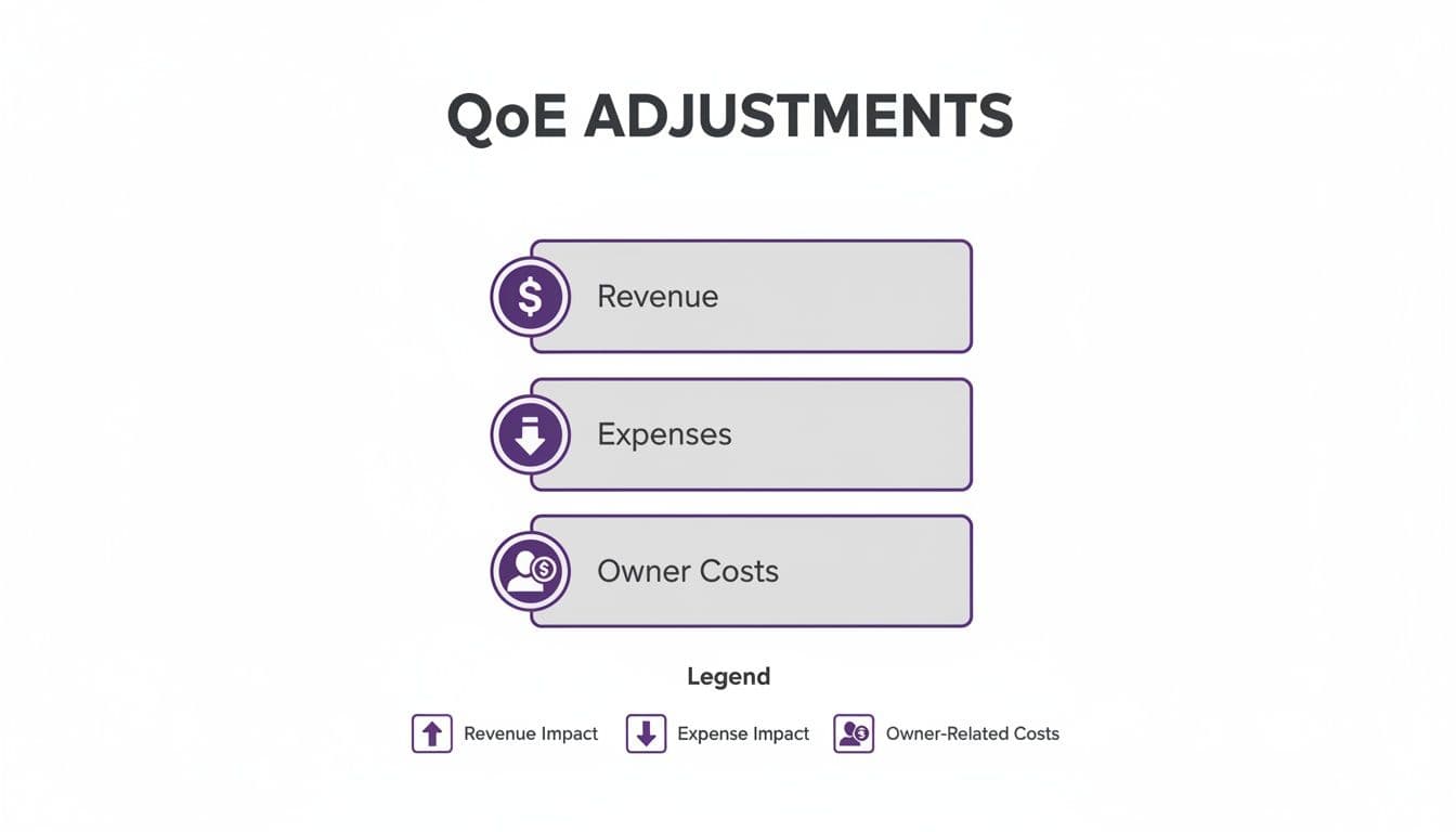 Diagram illustrating Quality of Earnings (QoE) adjustments for revenue, expenses, and owner costs.