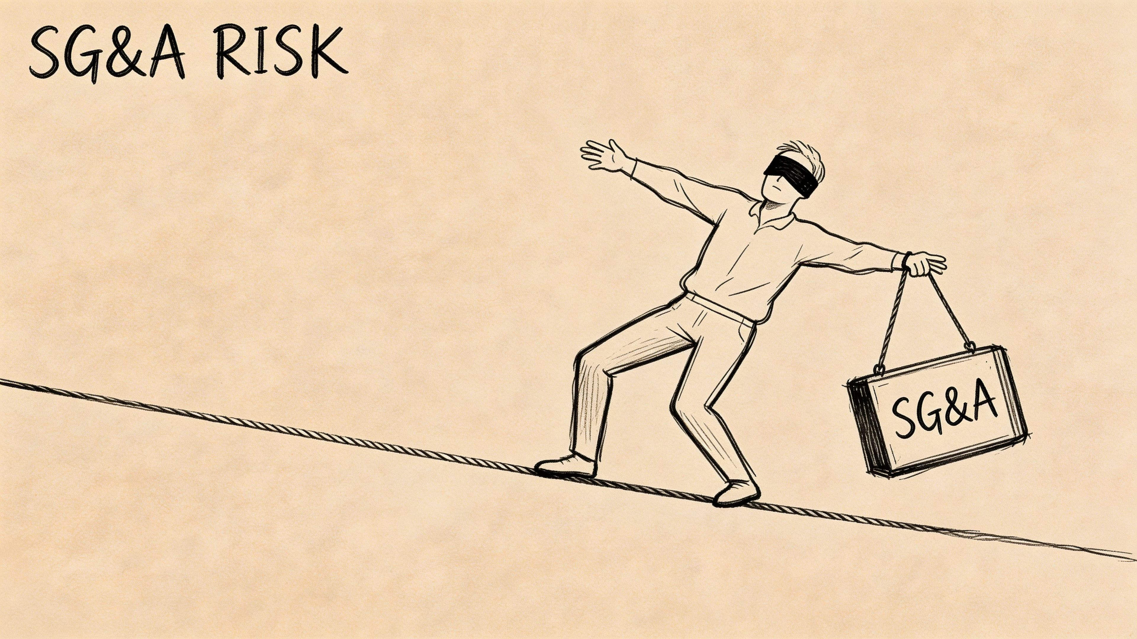 A blindfolded person walking on a tightrope carrying a heavy case labeled SG and A.
