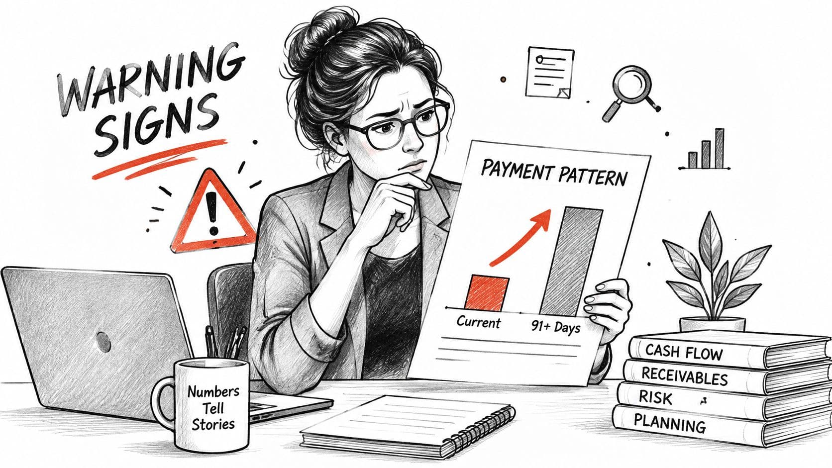A concerned professional woman analyzing a business document highlighting an increase in delayed payments and financial risk.