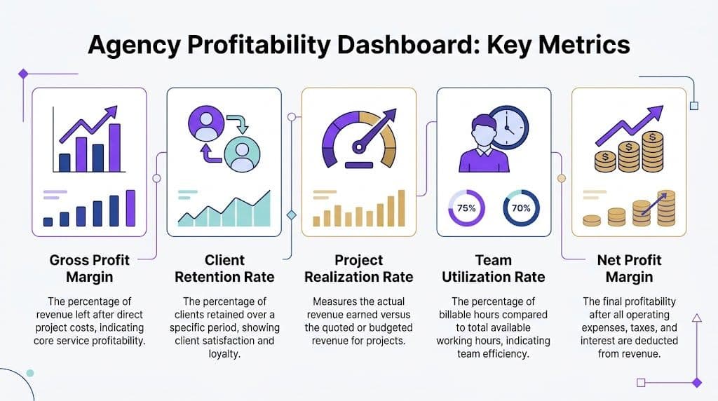 A colorful infographic illustrating five key metrics for measuring agency profitability, including margins, retention, and utilization.