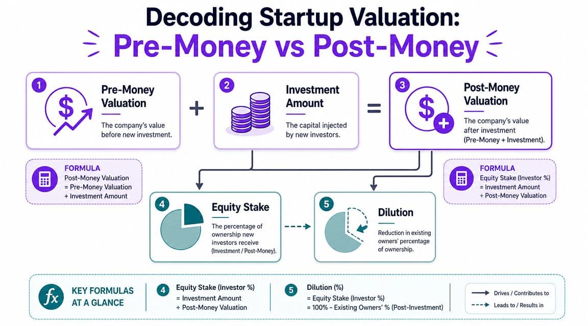 An infographic explaining the differences between pre-money and post-money valuation, investment stakes, and dilution for startup companies.