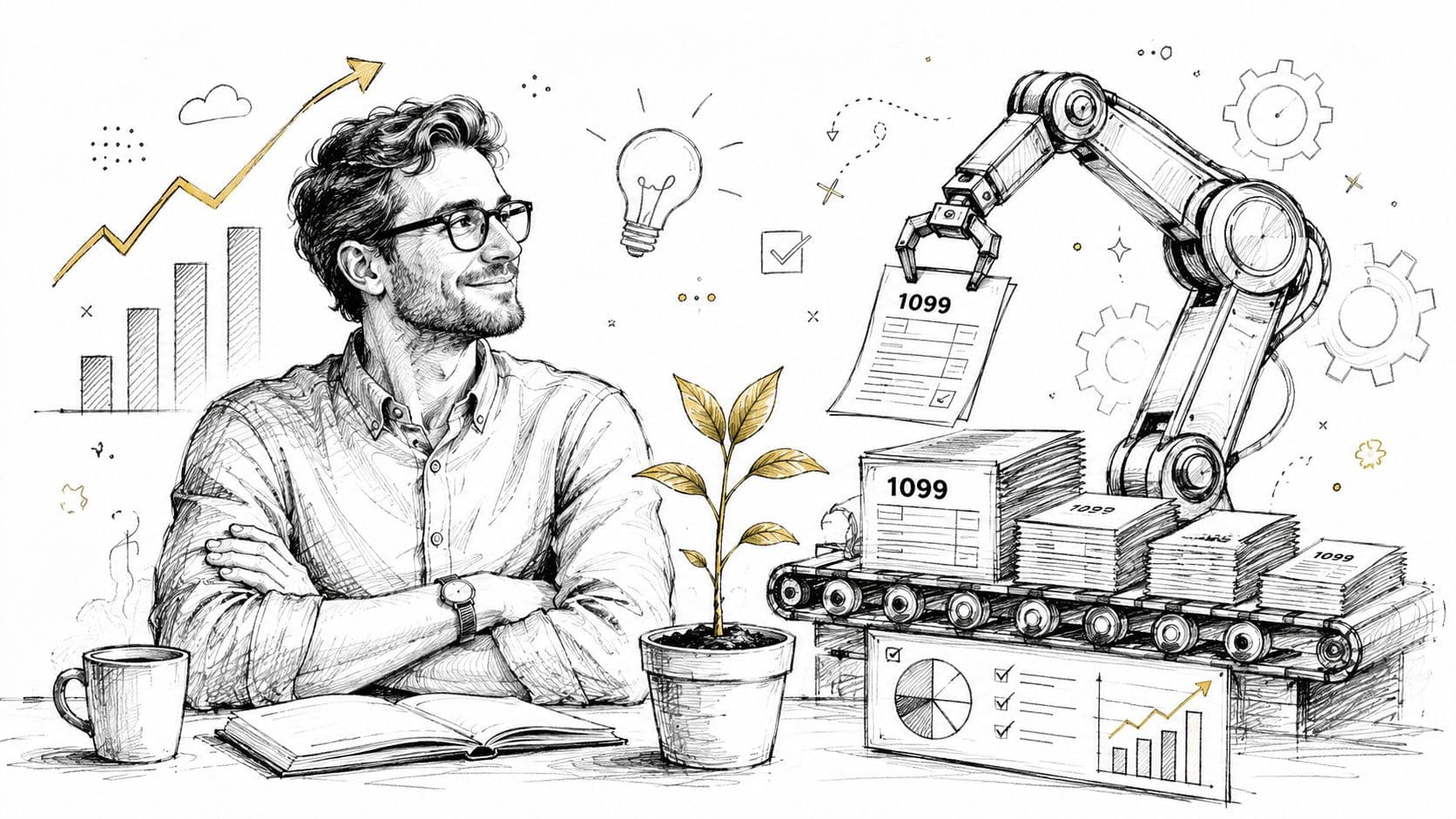 A professional man watches an automated robotic arm efficiently processing multiple 1099 tax forms on a conveyor belt.