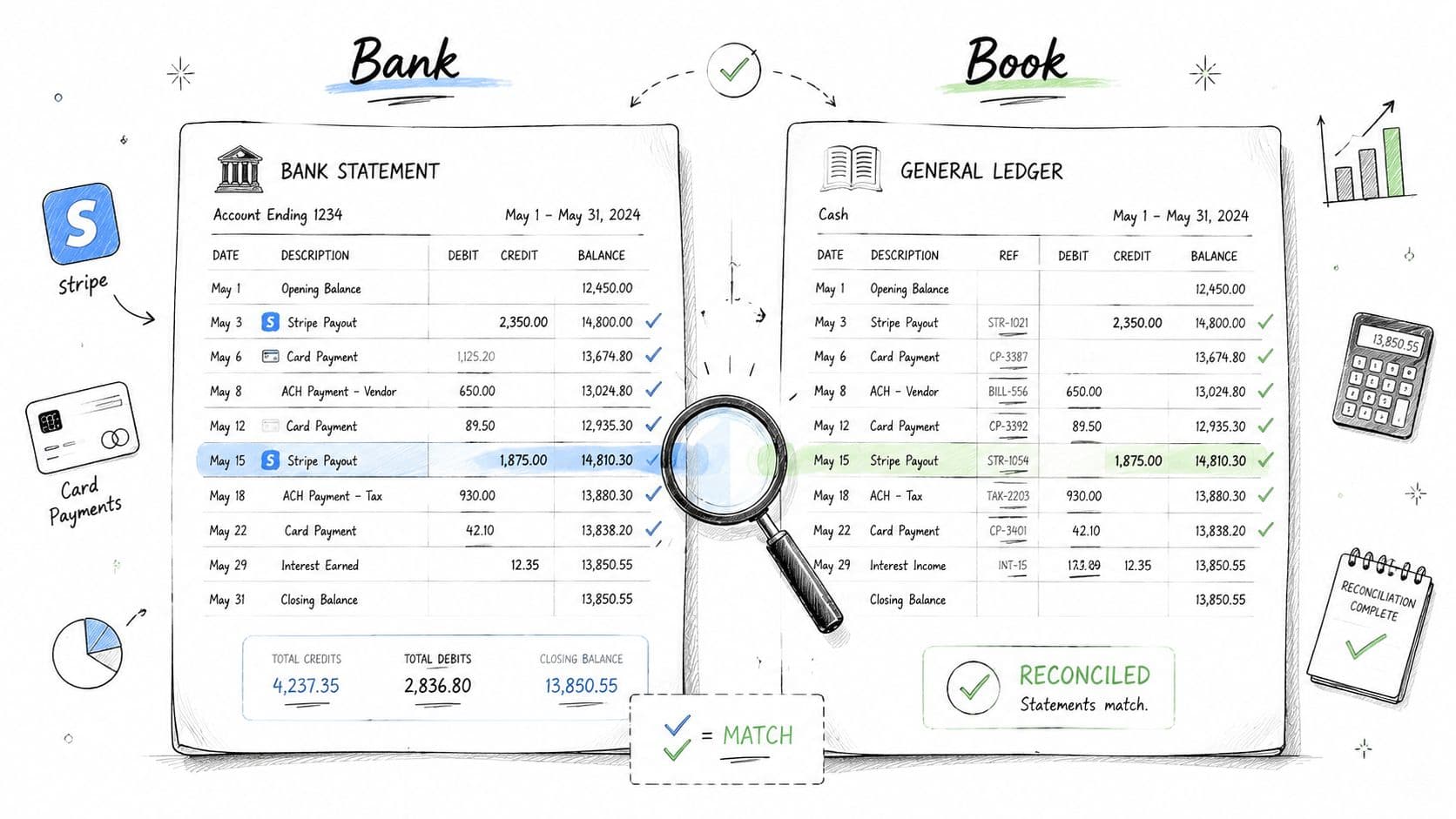 A diagram comparing a bank statement and a general ledger to illustrate the accounting reconciliation process.