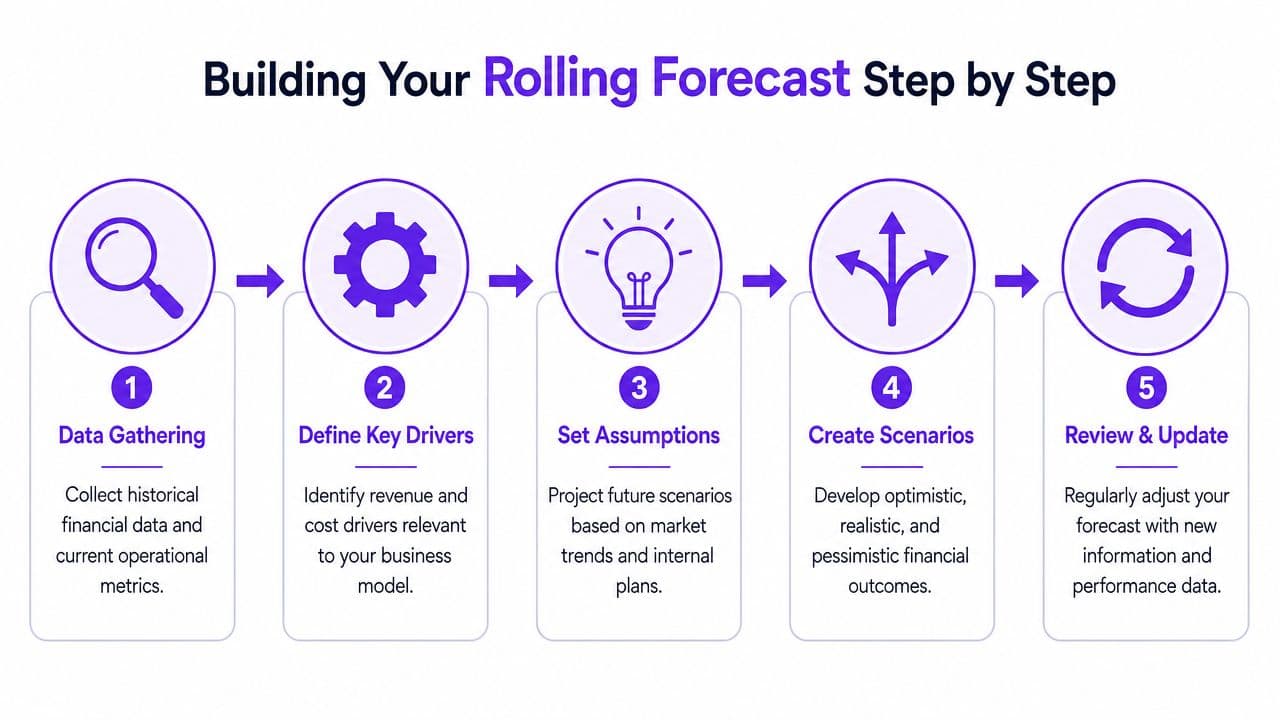 A five-step infographic showing the process for creating a business rolling forecast from data gathering to review.