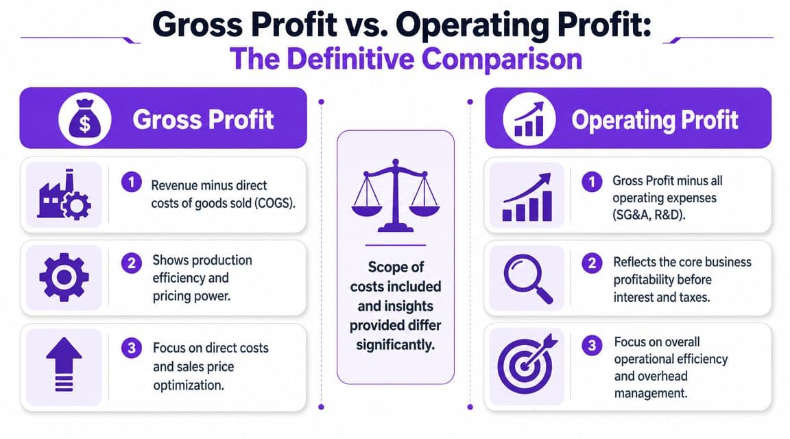 An infographic comparing gross profit and operating profit with key definitions, purposes, and business focus areas.