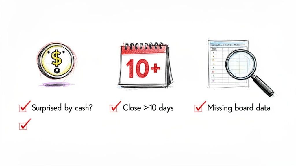 Visual representation of common financial and operational challenges like cash surprises, long closing periods, and missing board data.
