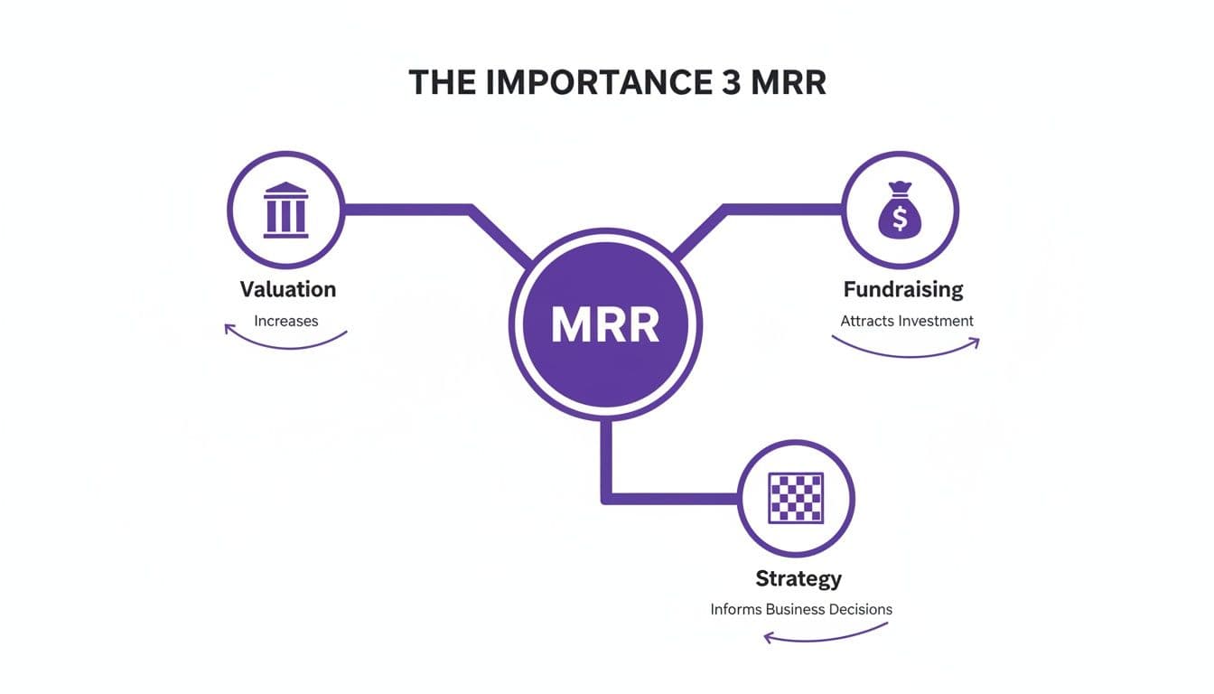 Diagram illustrating the importance of MRR for business valuation, fundraising, and strategic decision-making.