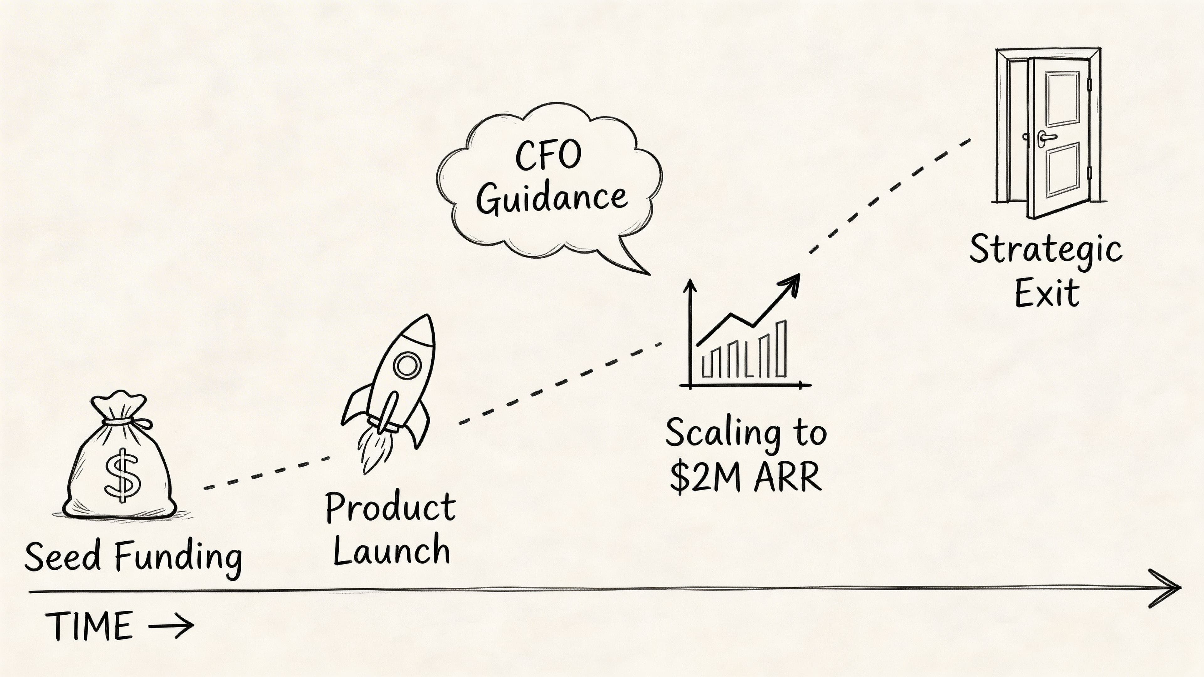 A business growth timeline illustration showing stages from seed funding to product launch and strategic exit.