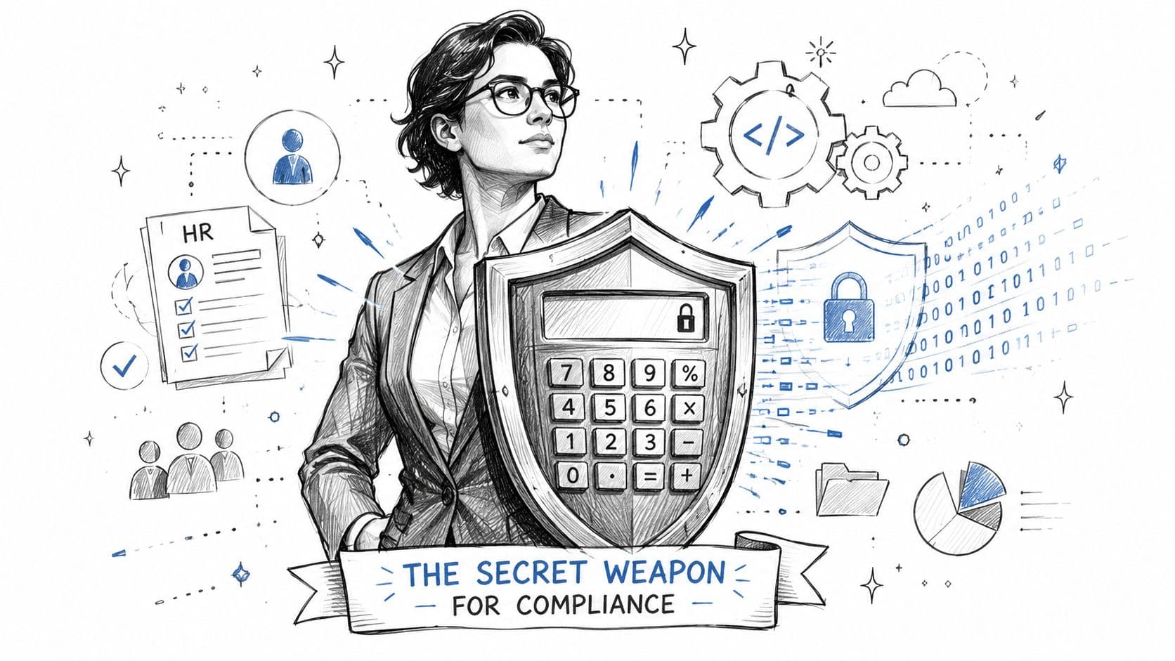 A professional businesswoman stands behind a calculator-shaped shield symbolizing data security and organizational compliance.