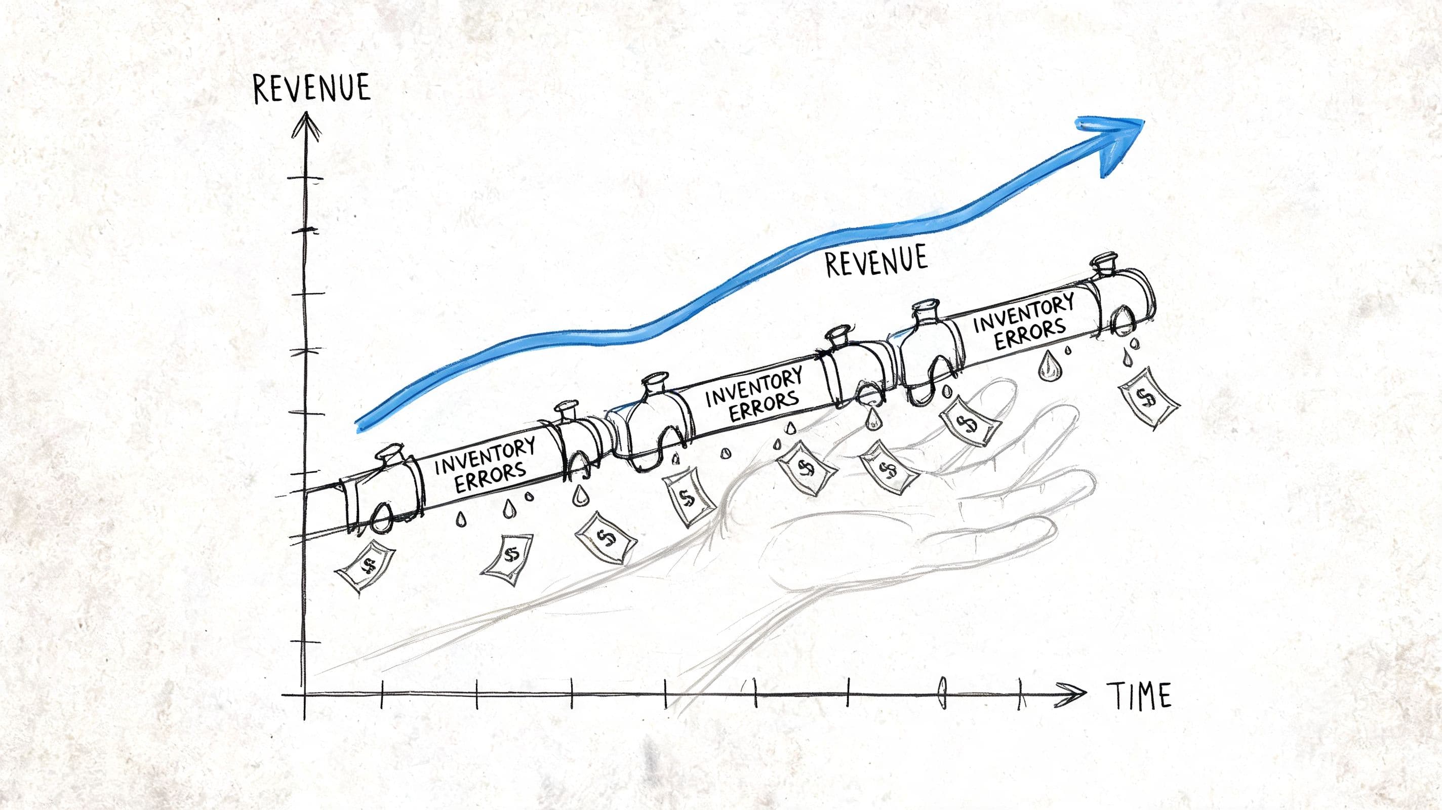 A hand catching falling money leaking from a pipe labeled inventory errors under a rising revenue graph.