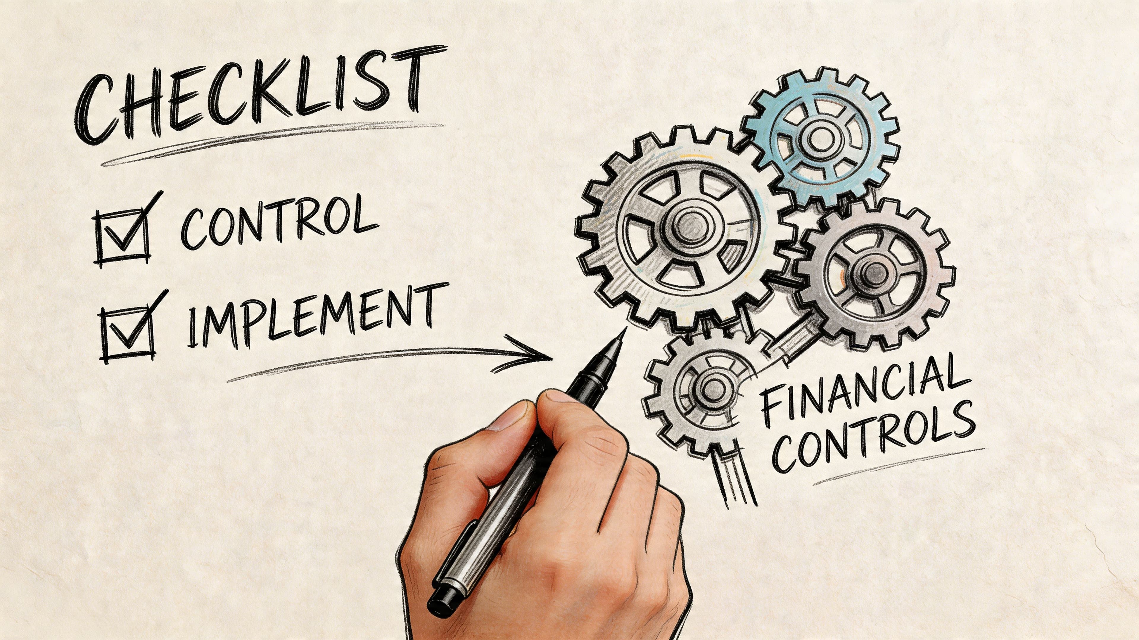 A hand drawing a checklist and gears representing the concept of implementing financial controls.
