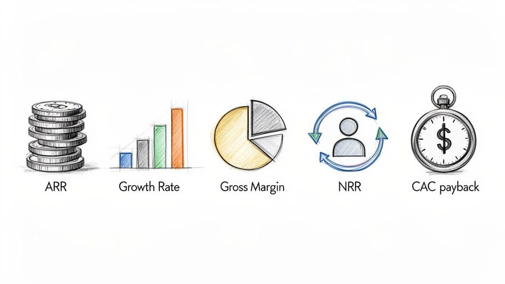Sketches of five key SaaS metrics: ARR, Growth Rate, Gross Margin, NRR, and CAC Payback.
