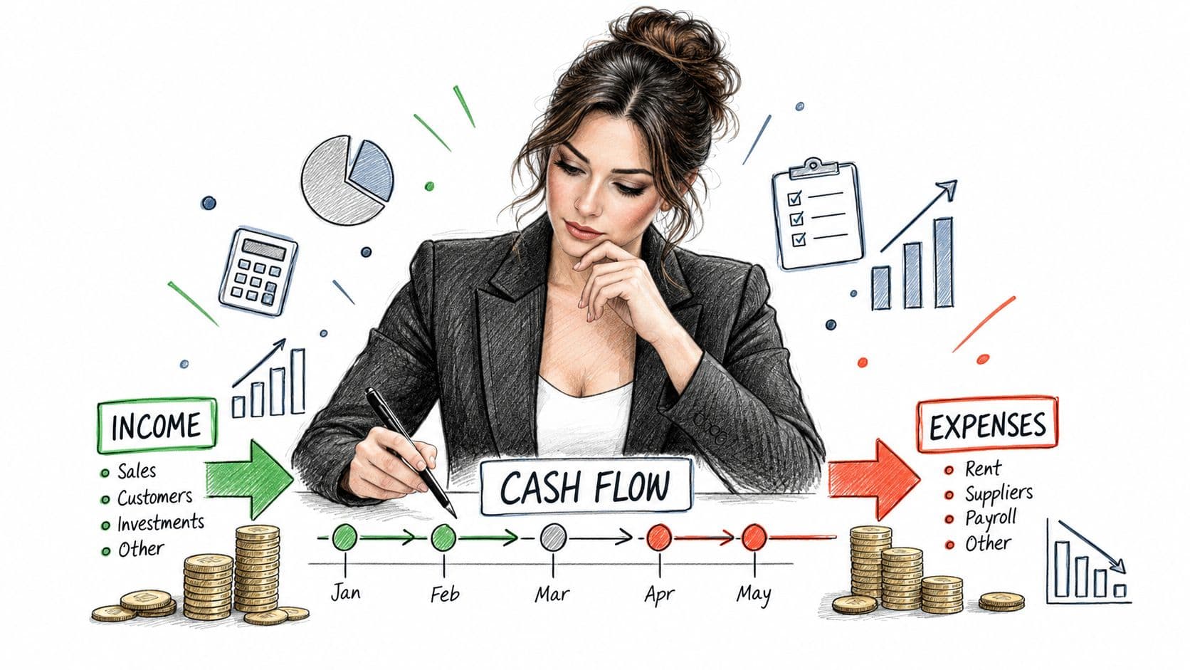 A professional woman analyzing financial charts and data to explain the concept of cash flow forecasting.