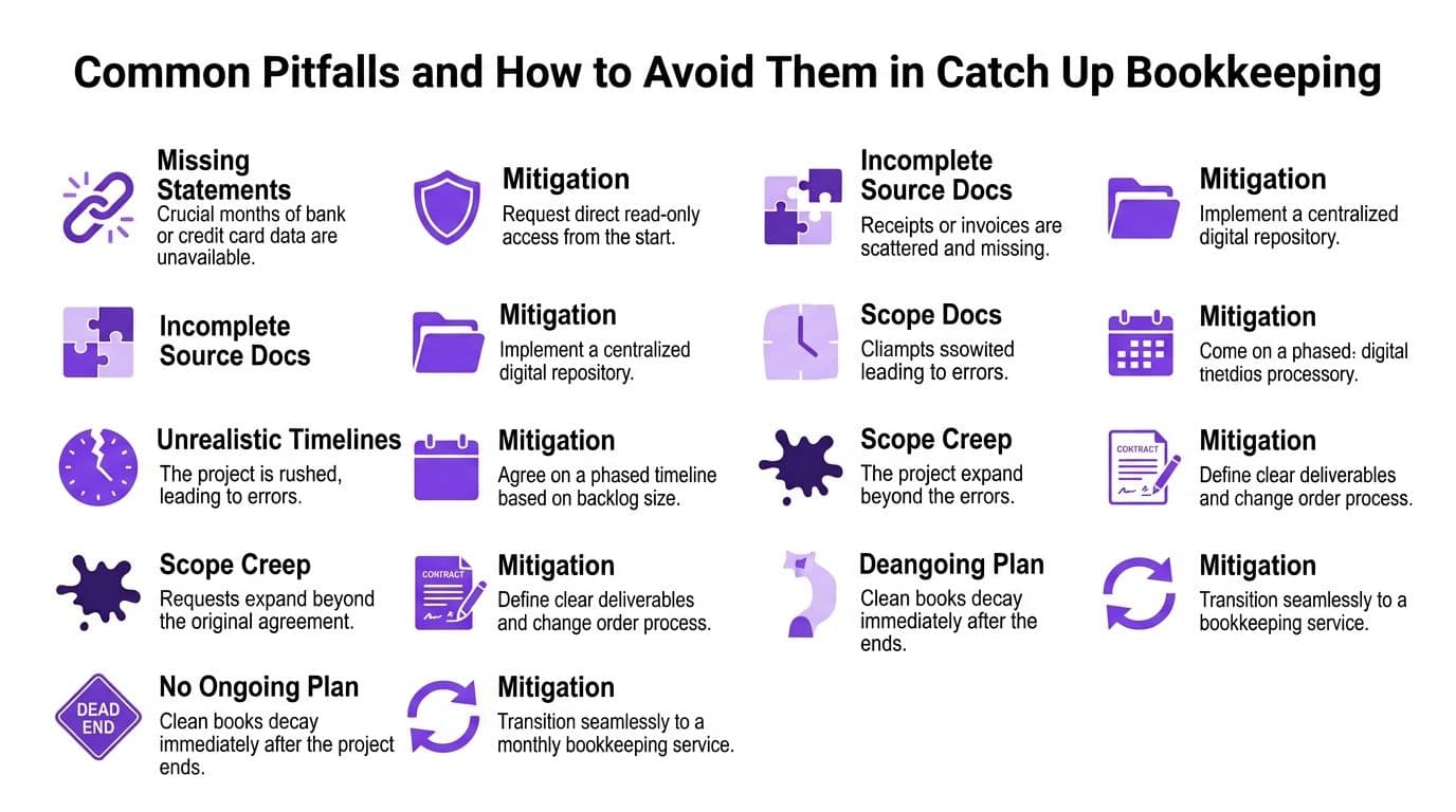 An infographic detailing common pitfalls in catch-up bookkeeping and strategies to mitigate these financial project issues effectively.