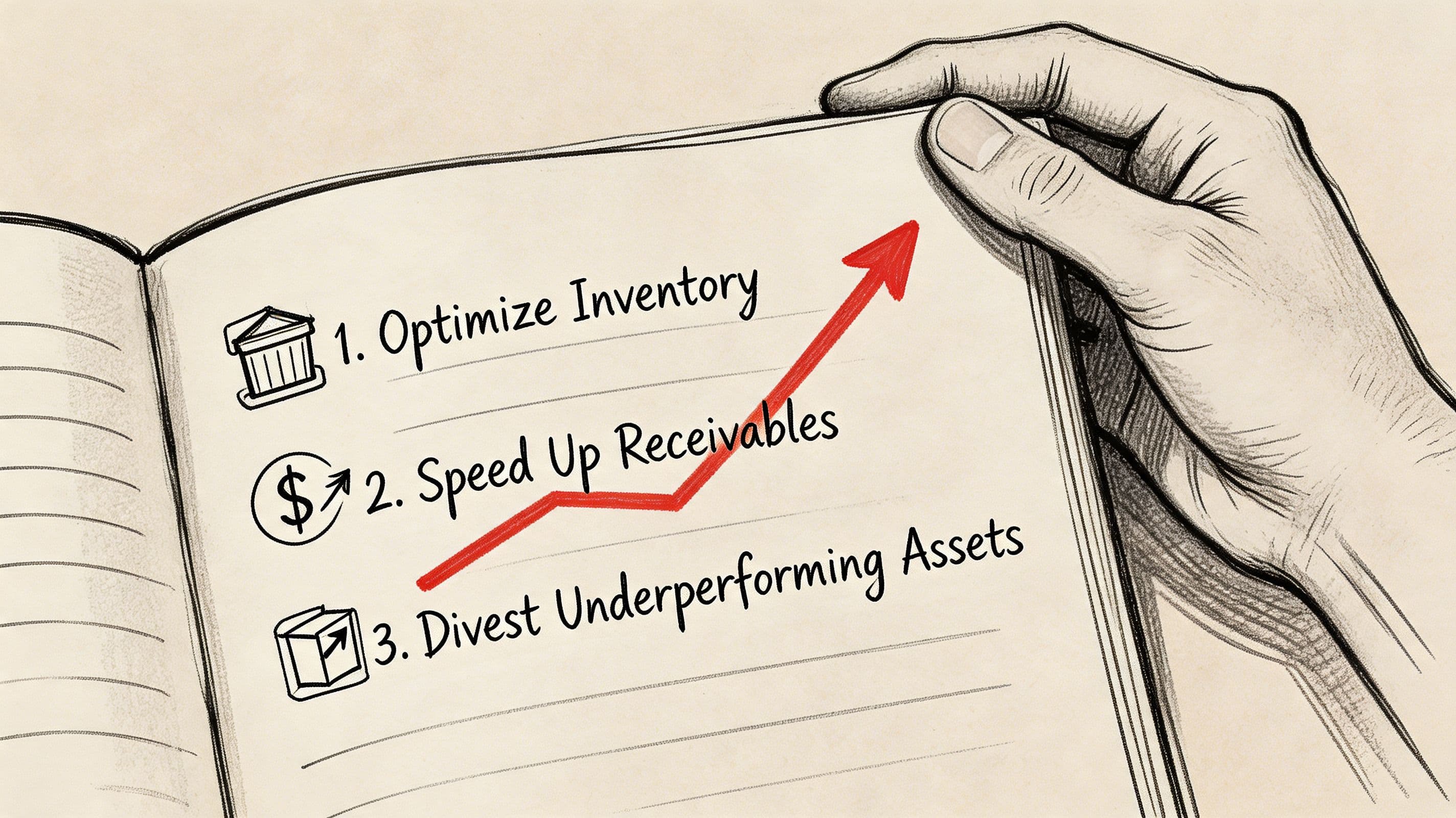 A hand-drawn illustration showing a notebook list about financial strategies to improve asset turnover.