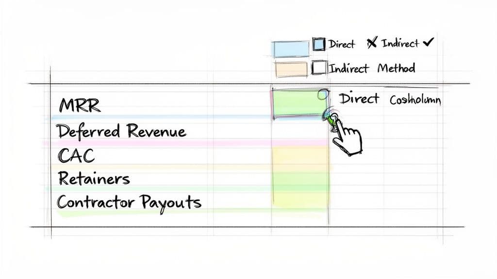 Hand-drawn financial template with MRR, revenue, and expense categories, showing direct and indirect methods.