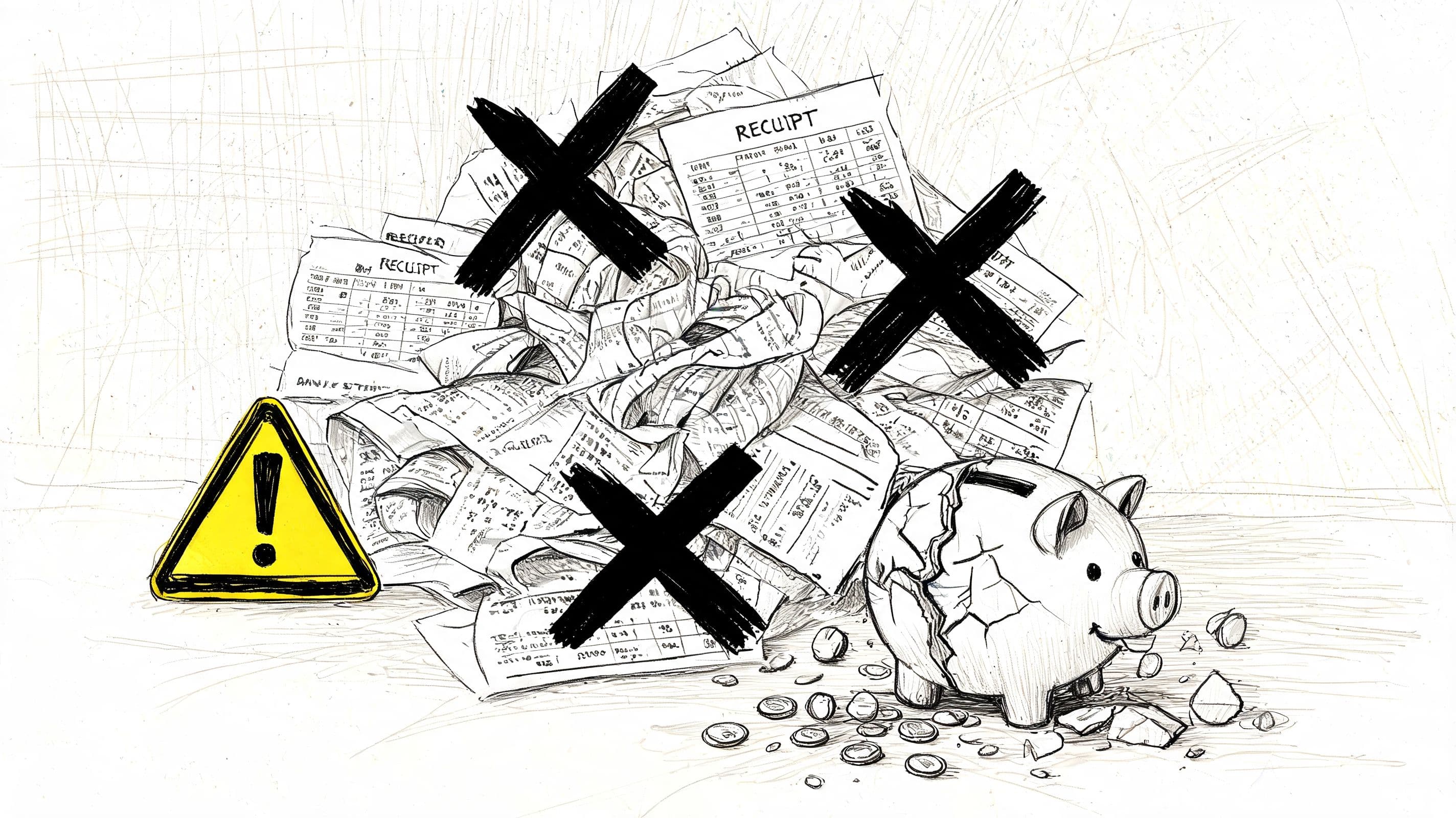 A pile of messy receipts with large black X marks and a broken piggy bank with scattered coins.