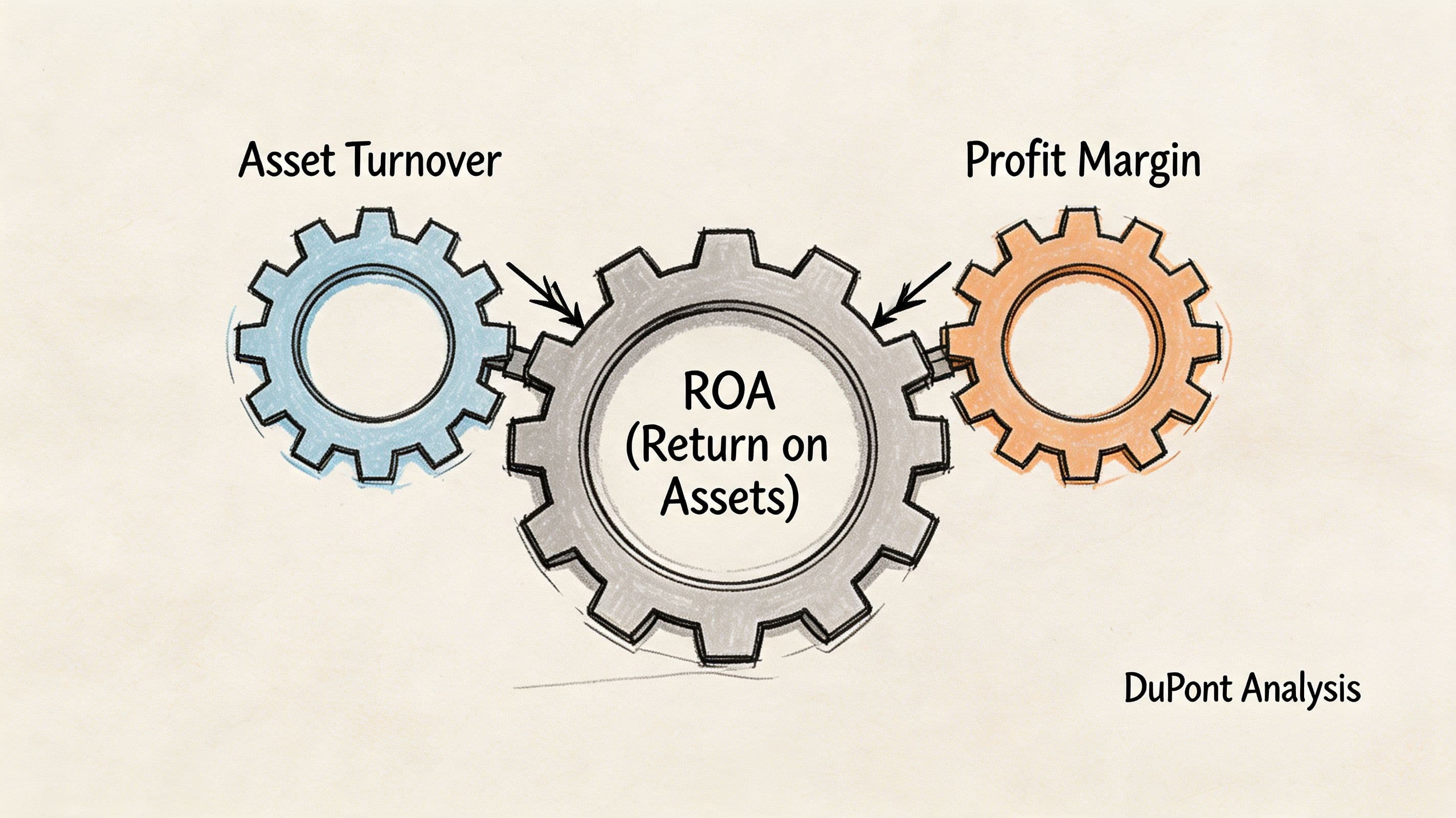 A diagram illustrating DuPont Analysis showing Asset Turnover and Profit Margin as gears driving ROA Return on Assets.