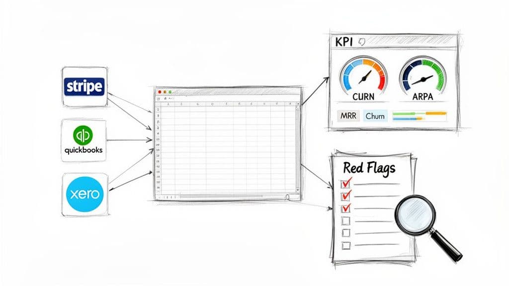 Financial data from Stripe, QuickBooks, Xero flows into a spreadsheet, generating KPIs and identifying red flags.