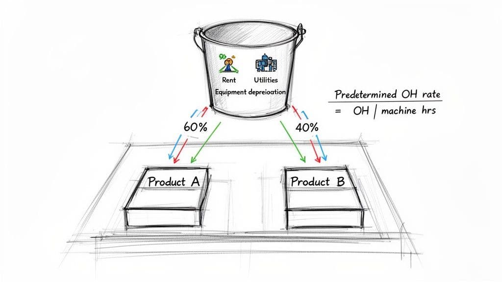 An illustration showing overhead costs (rent, utilities, depreciation) being allocated to Product A (60%) and Product B (40%).