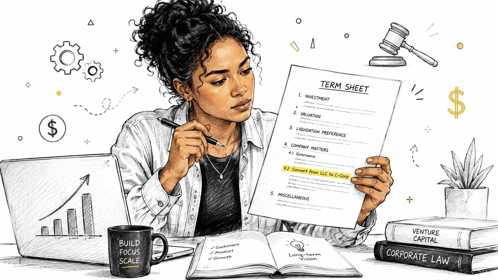 A professional woman reviewing a term sheet highlighting the conversion from LLC to C-Corp in an office.