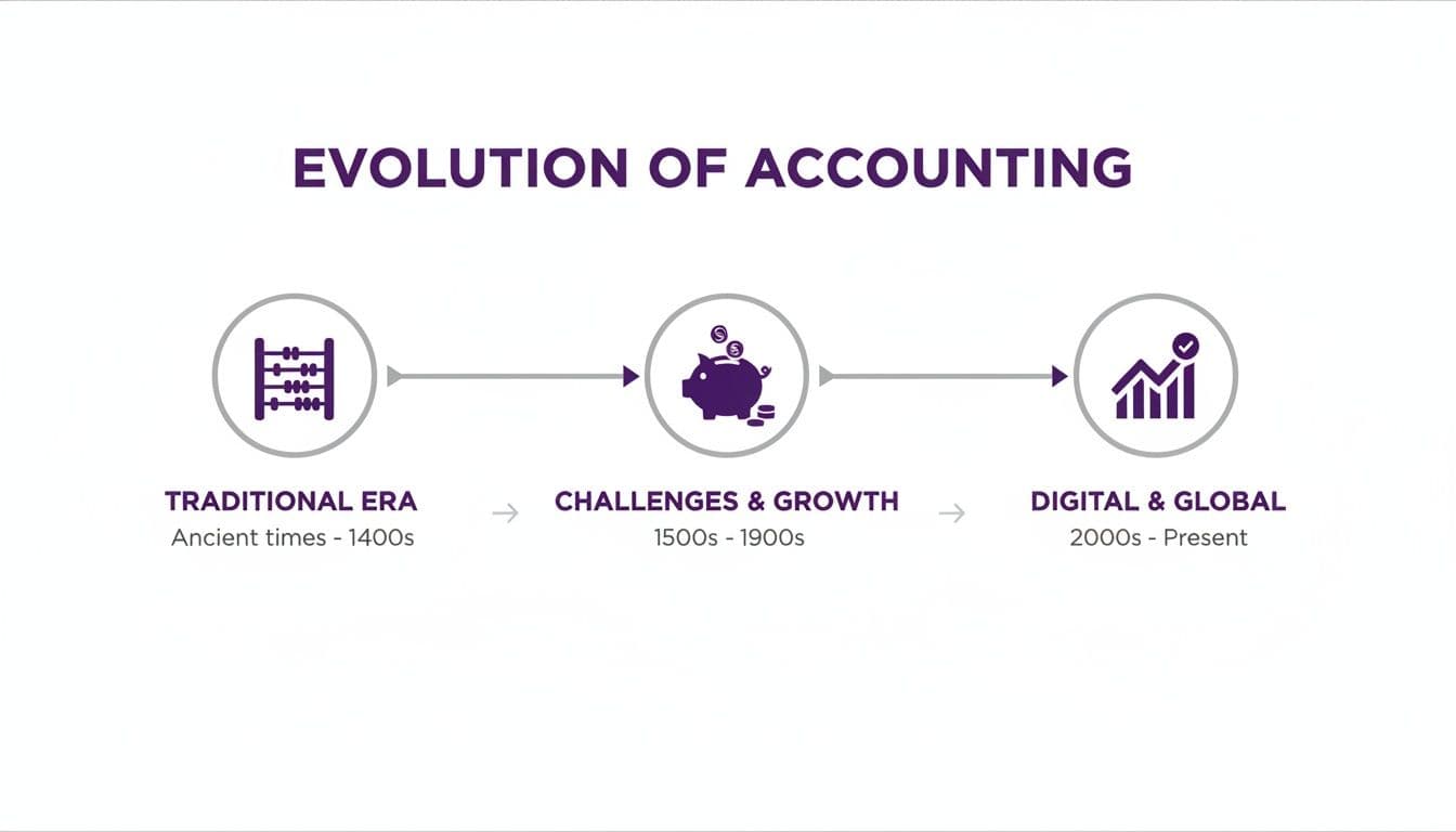 Infographic illustrating the evolution of accounting from traditional to digital and global eras.