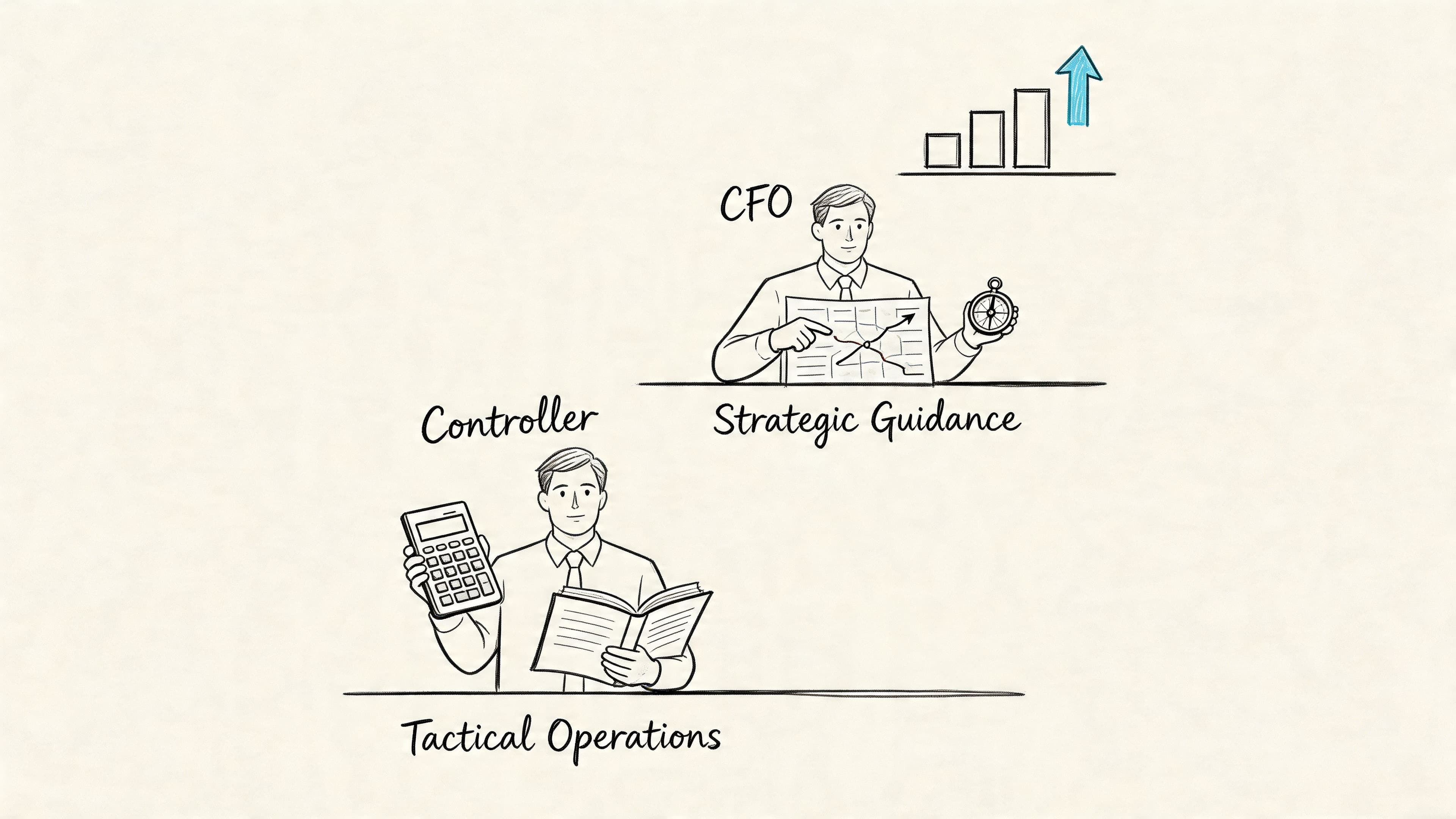 A line drawing illustration comparing the roles of a corporate controller and a chief financial officer.