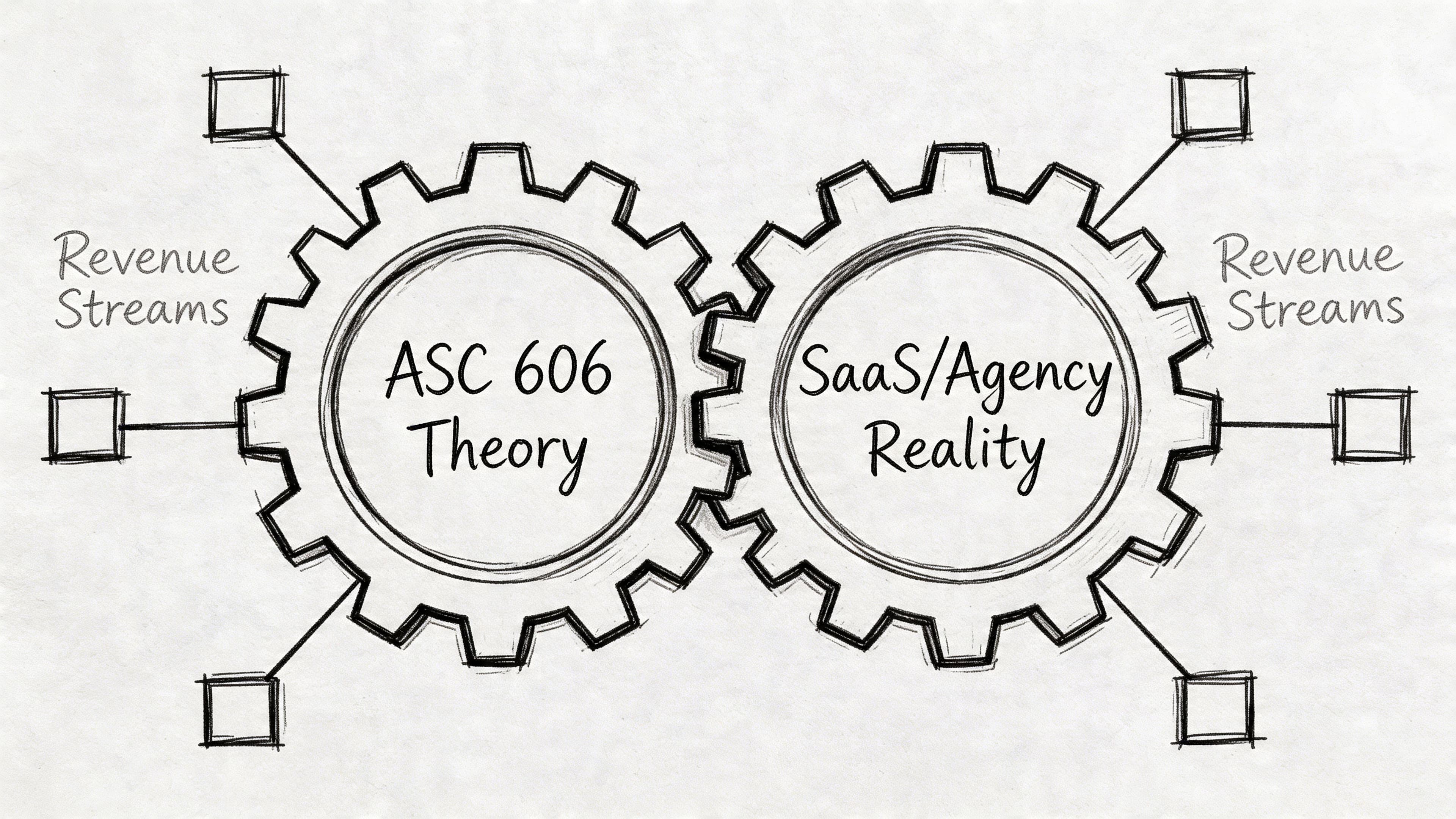 A hand-drawn illustration featuring two interlocking gears, one labeled ASC 606 Theory and the other SaaS/Agency Reality.