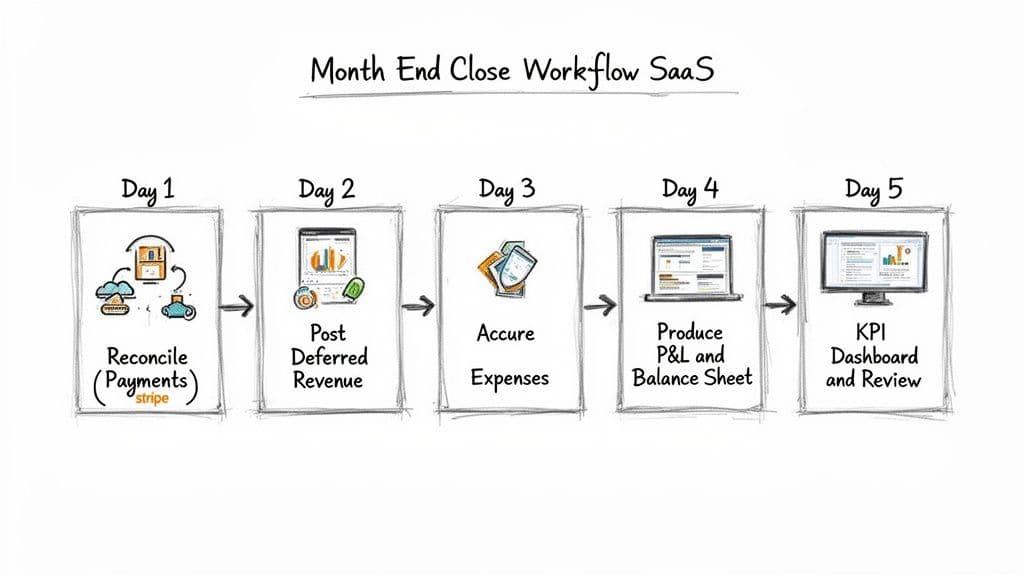 A 5-day month-end close workflow for SaaS businesses, detailing accounting steps from payments to KPIs.