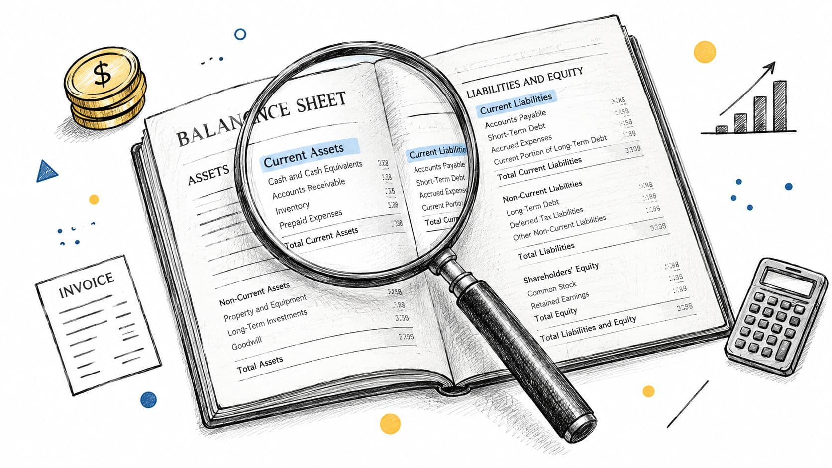 A magnifying glass examining a balance sheet, illustrating the calculation of current assets and liabilities.