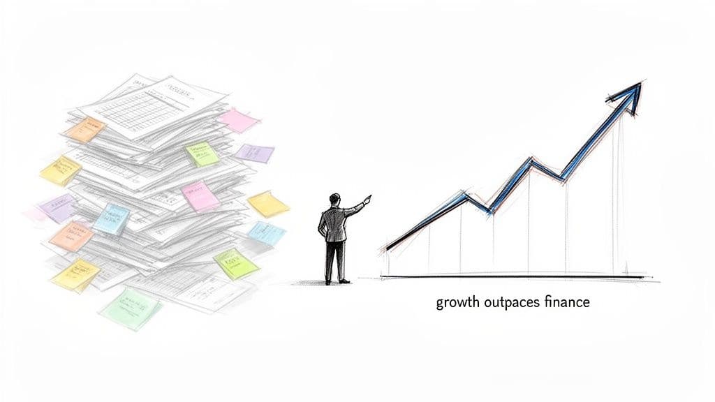 A businessman points to a rising growth chart, with a large pile of financial papers nearby, illustrating growth outpaces finance.