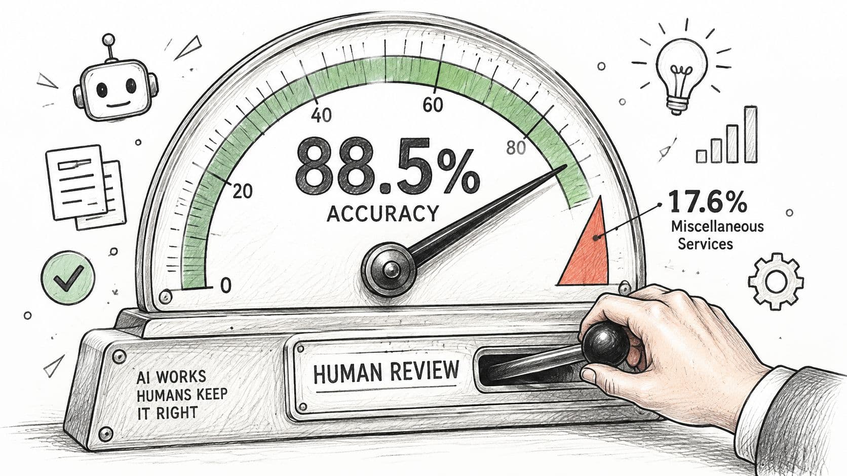 A hand pulling a lever labeled human review to improve AI accuracy on a graphical gauge display.