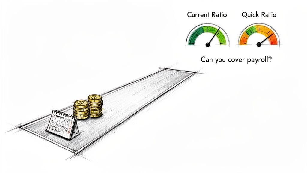 Illustration showing Current and Quick Ratios indicating good financial health, a calendar, coins, and the question 'Can you cover payroll?'