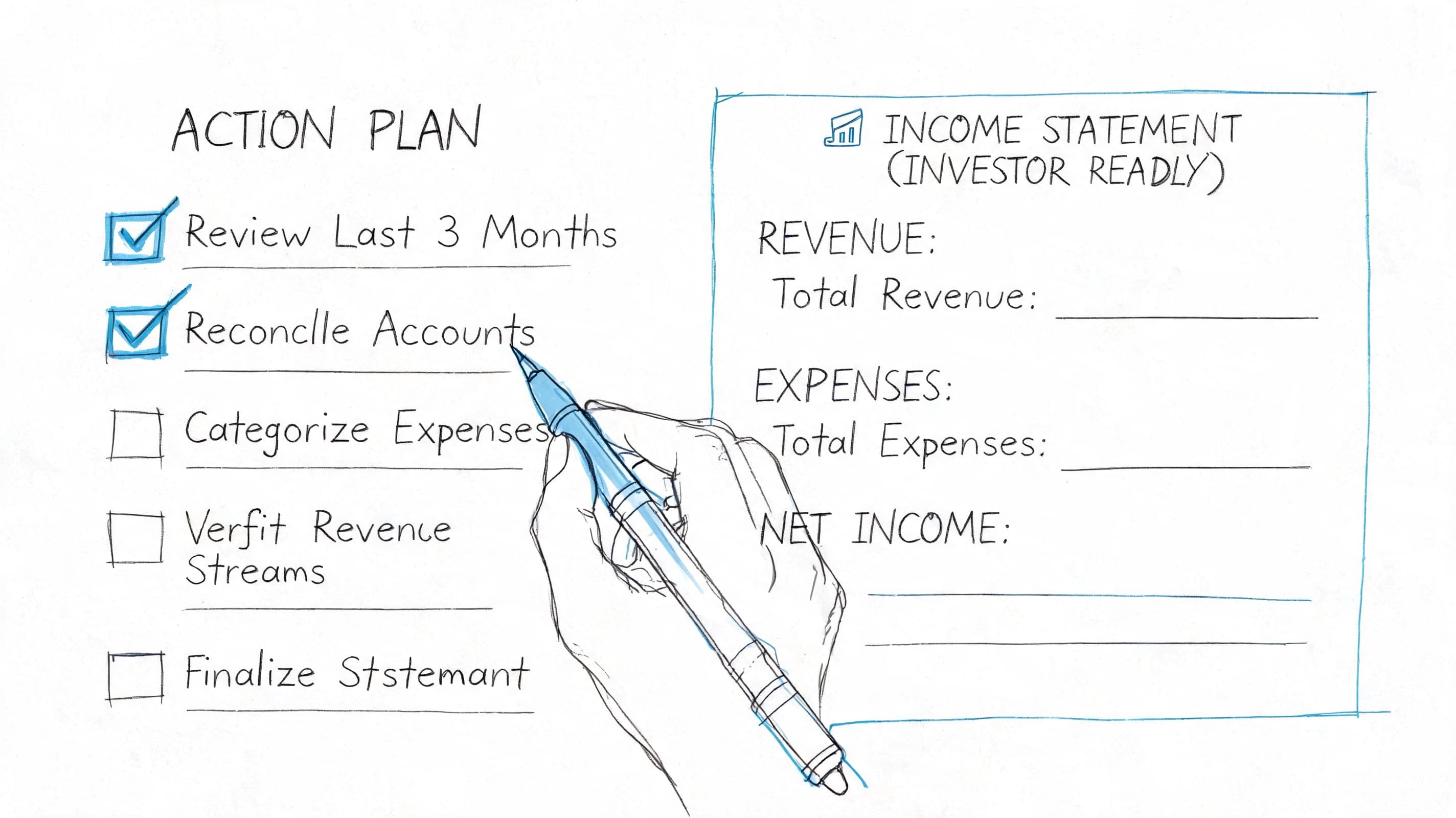 A hand holding a pen marks off tasks on an action plan next to an income statement template.