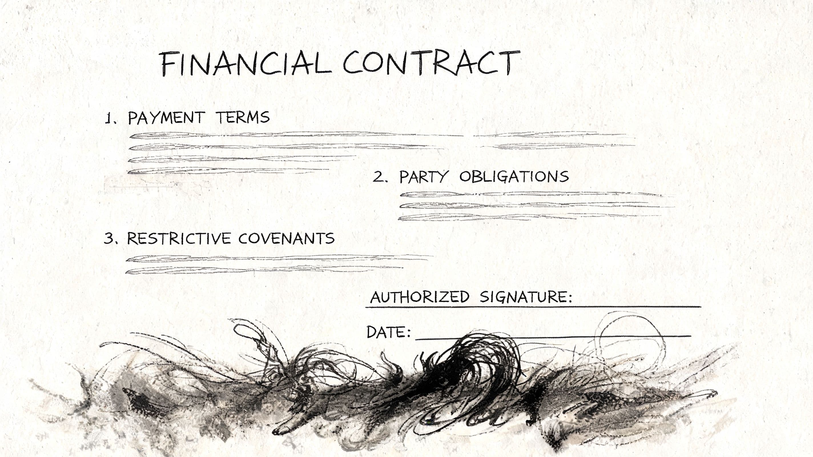 A minimalist black and white artistic rendering of a financial contract document with abstract ink sketches at the bottom.