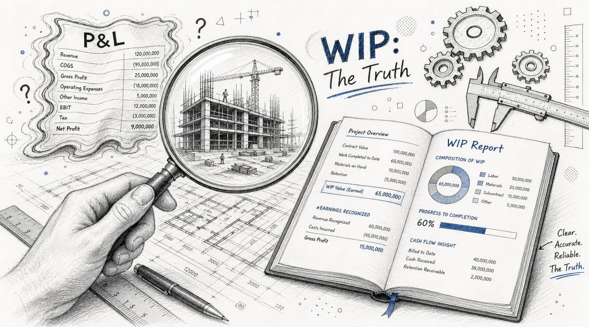 A hand holding a magnifying glass over a construction site drawing next to a detailed WIP report.
