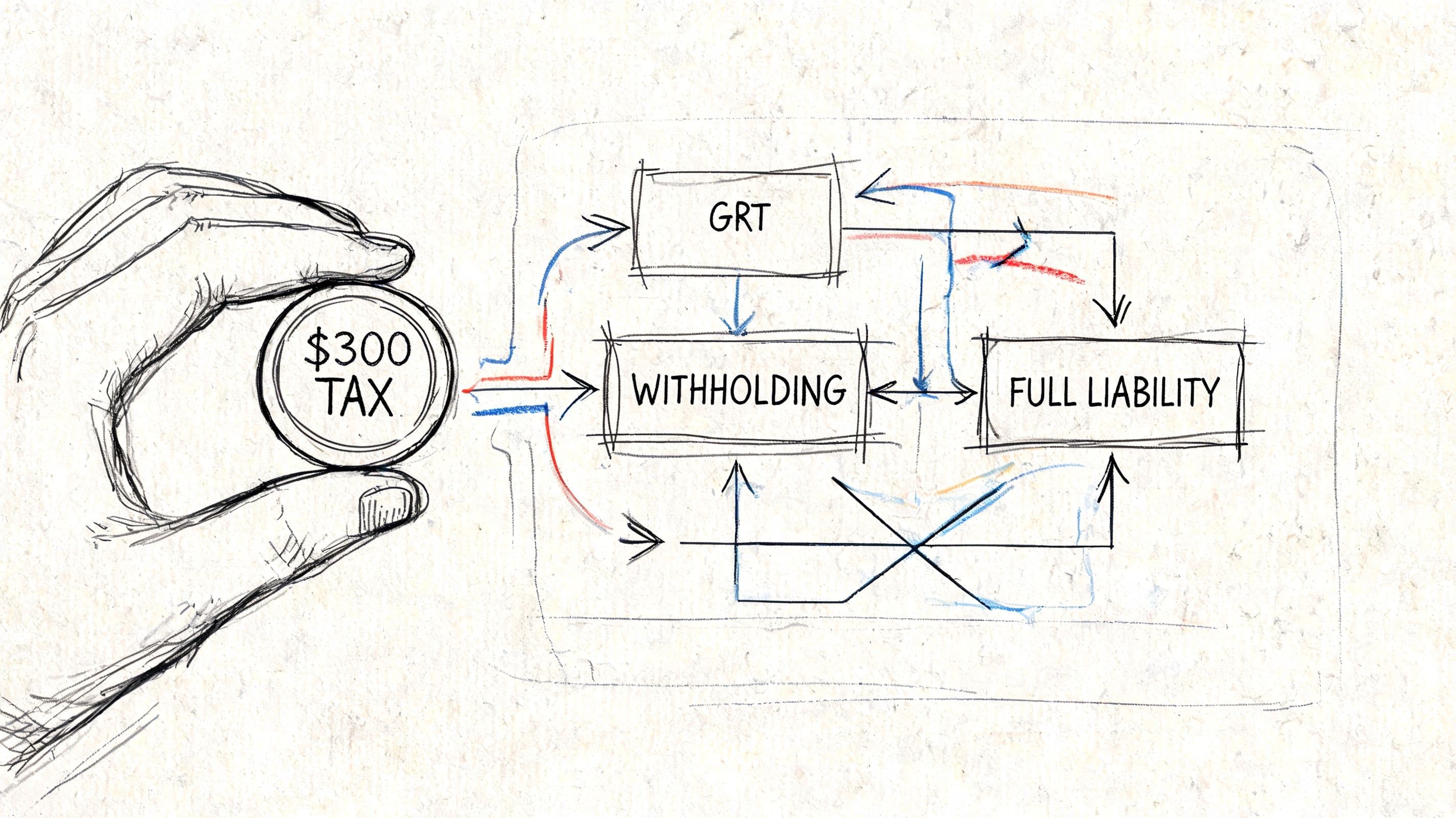 A hand holding a coin labeled 300 dollar tax pointing towards a diagram of tax payment categories.