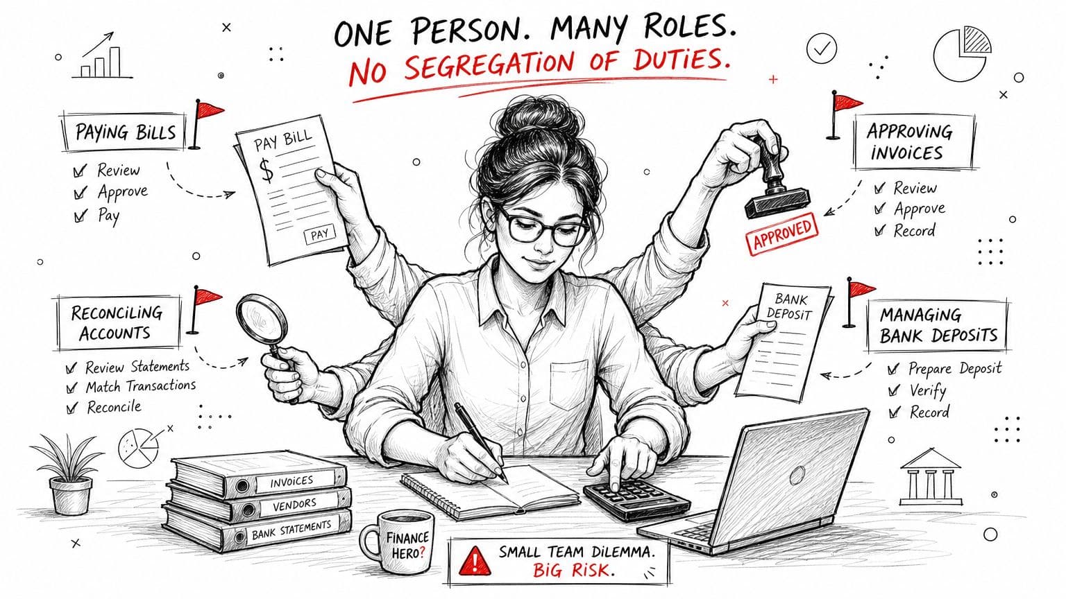A woman working at a desk performing all financial tasks alone, highlighting the risk of no segregation.