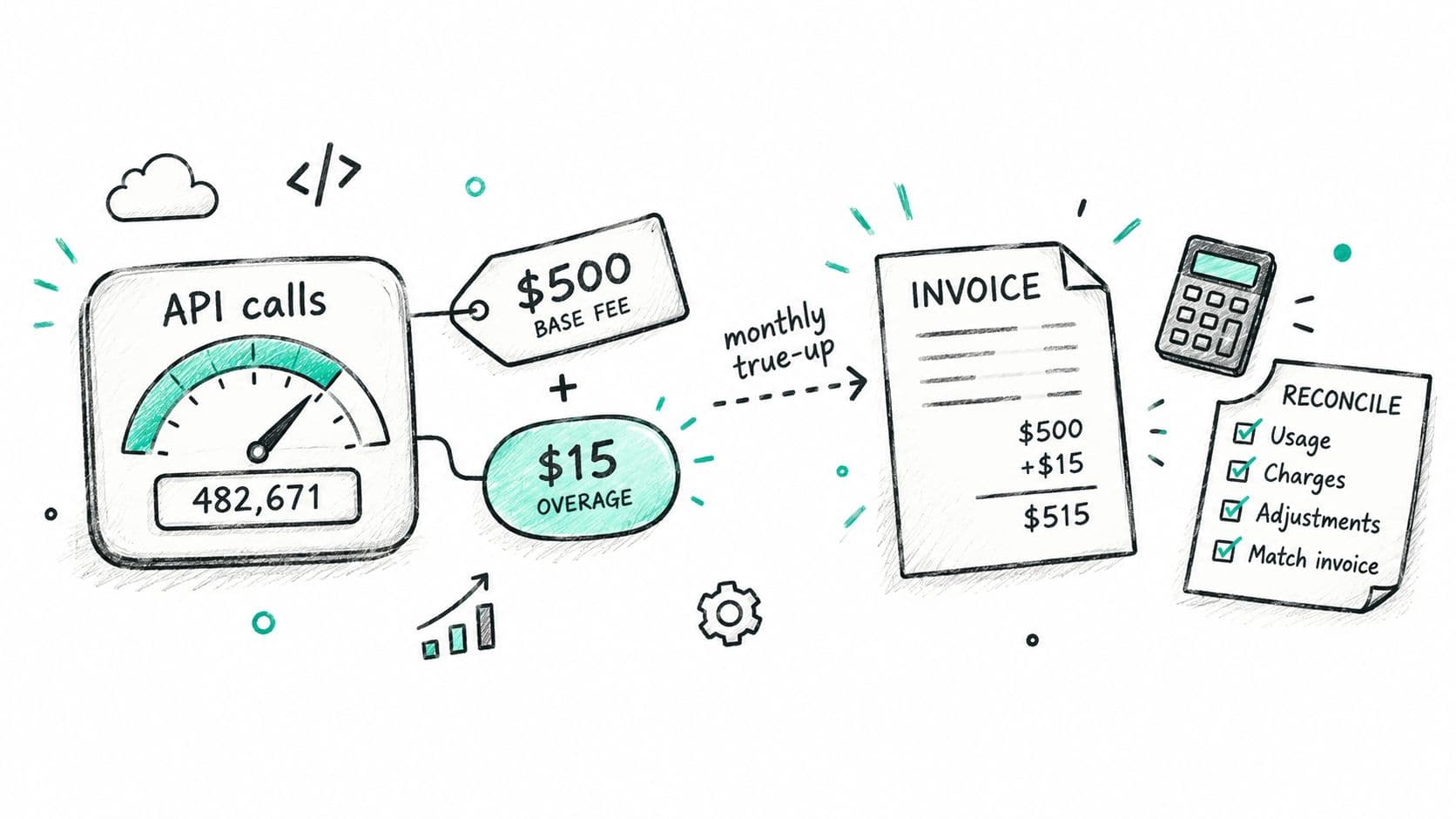 A hand-drawn illustration showing API usage calculation, monthly true-up fees, and the process of reconciling invoices.
