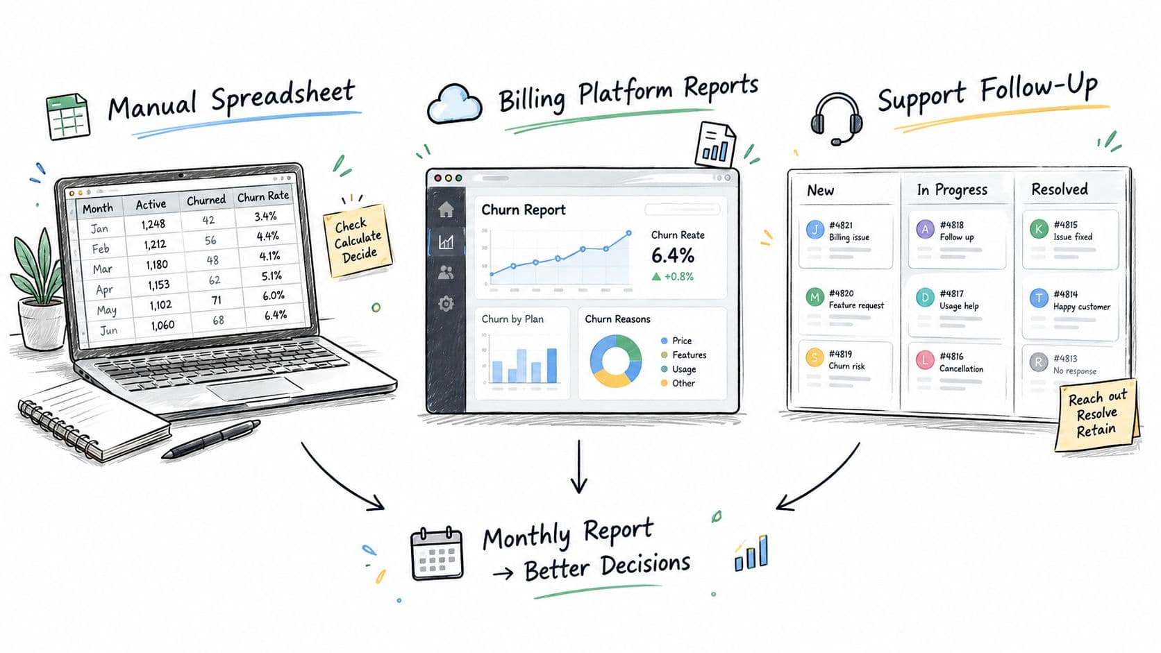 An illustration showing three steps for churn rate calculation including spreadsheets, billing platform reports, and support follow-ups.