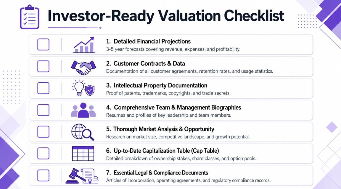 A checklist titled Investor-Ready Valuation Checklist, outlining seven key requirements for startup valuation preparation.