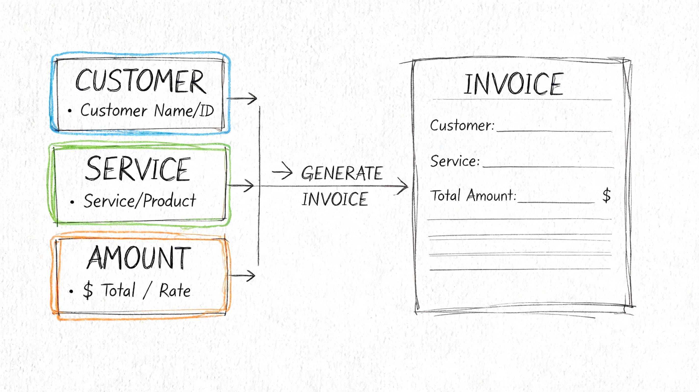 A hand-drawn diagram illustrating the workflow of collecting customer, service, and amount data to generate an invoice.