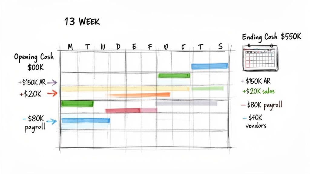 A 13-week cash flow forecast chart showing opening and ending cash, and financial transactions.