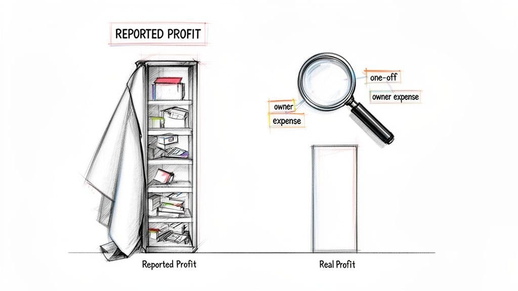 Illustration comparing reported profit (full bookshelf) with real profit (empty box), highlighting adjustments for one-off and owner expenses.