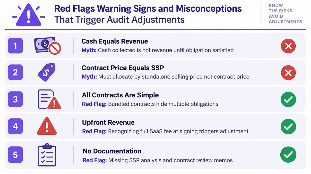 A list of five red flag warning signs and common accounting misconceptions that trigger revenue audit adjustments.