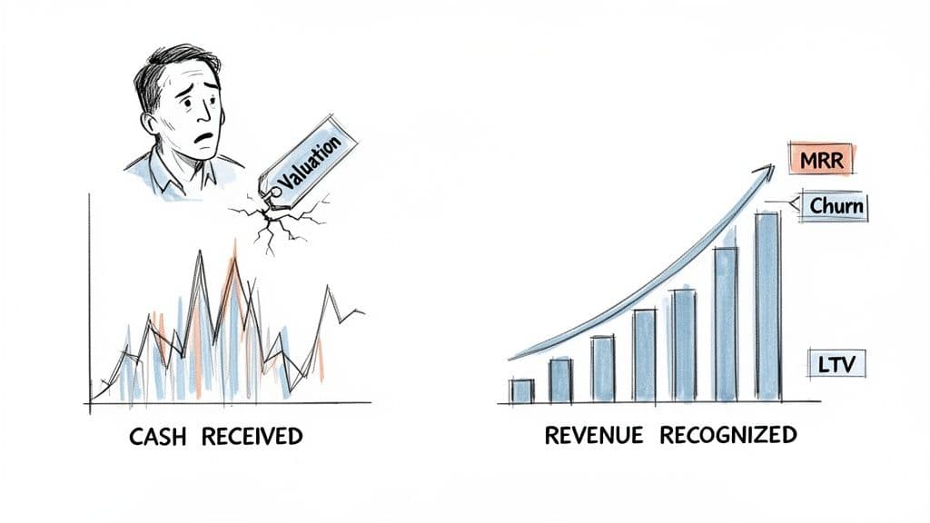 Illustration comparing volatile cash received with stable, growing recognized revenue and key business metrics.