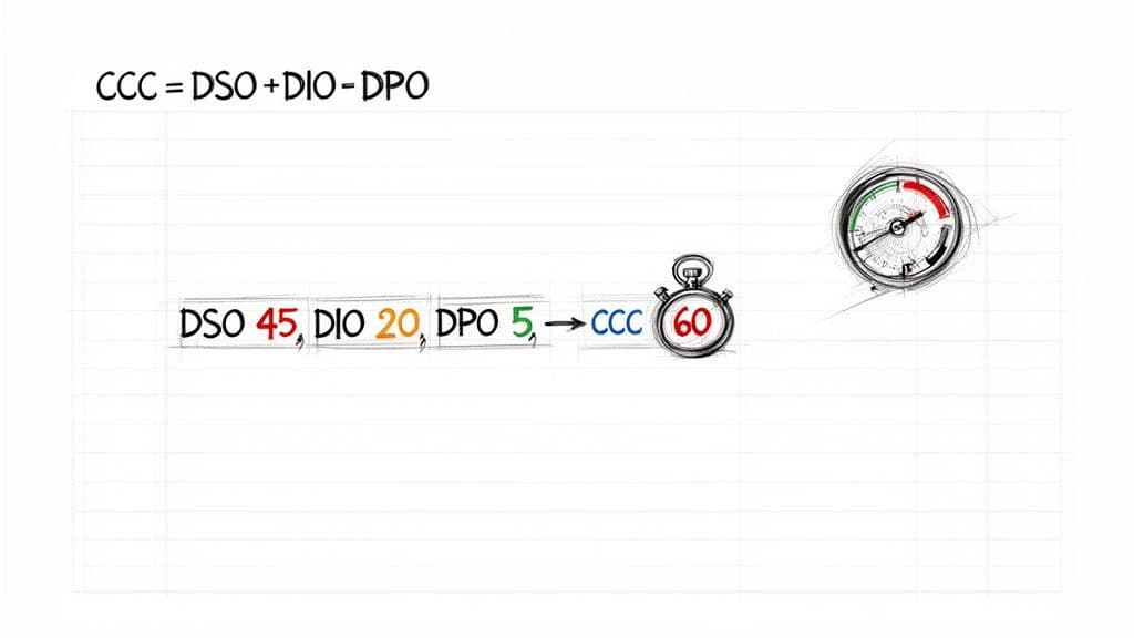 A diagram illustrating the Cash Conversion Cycle (CCC) formula and an example calculation resulting in 60 days.